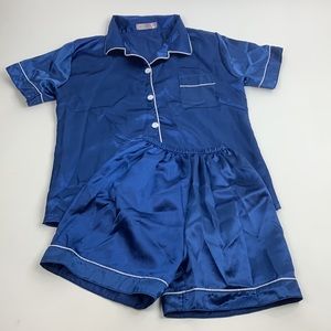 Silky Shiny Royal Blue Pajama Shorts Set Small button up pocket elastic waist